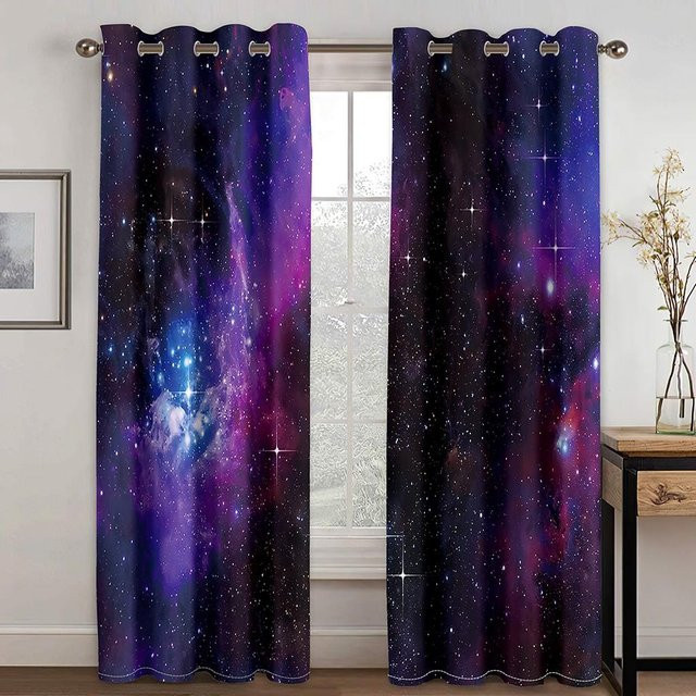 2er-Set Verdunklungsvorhänge mit 3D Galaxie-Sternenhimmel Design in Blau, Polyester, B: 100 cm, H: 130 cm - Bild 1