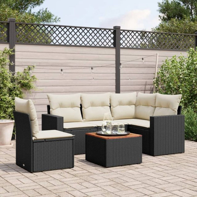Vidaxl 6-teiliges Gartenmöbel-Set aus Polyrattan und Akazie in Schwarz mit Kissen - Bild 1