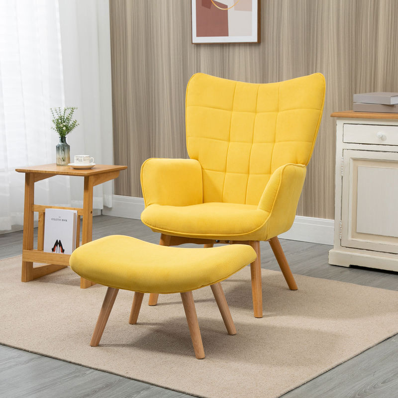 HOMCOM Relaxsessel mit Hocker in Gelb, Ohrensessel mit Cord-Optik und Holzbeinen - Bild 2