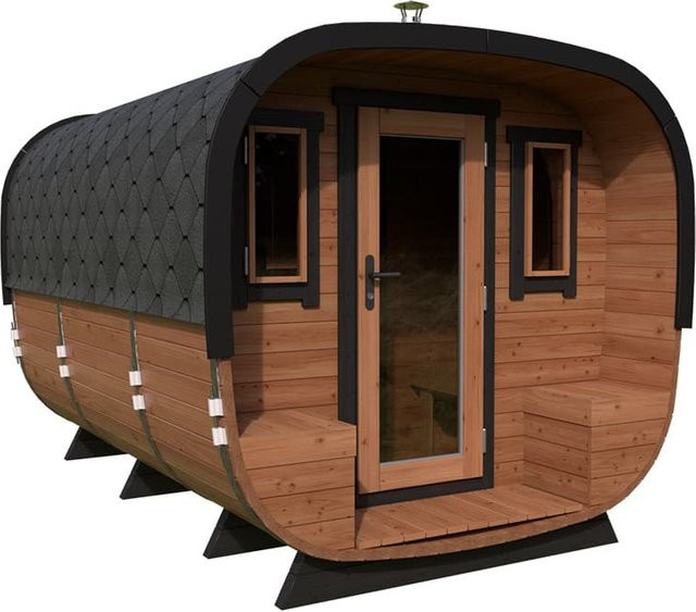 Hansagarten24 Fasssauna Quadrat in Braun mit Terrasse aus Holz und Erlenholz oder Fichte/Thermo-Fichte, B/T/H: 300 x 200 cm - Bild 1