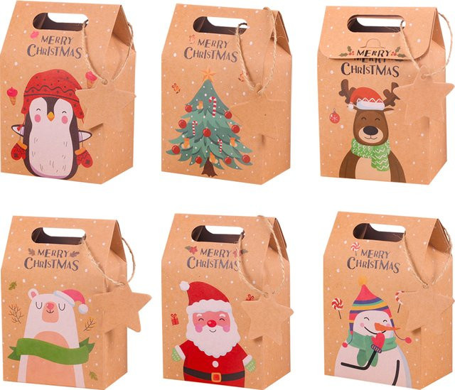 joy-enlife Weihnachts-Geschenkboxen aus Kraftpapier mit Etikett in Braun für Weihnachtsfeier und Neujahr, 6 Stück - Bild 1