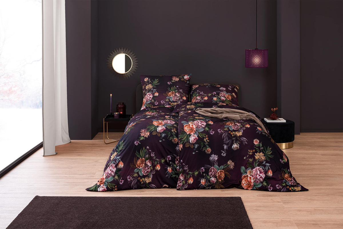 Estella Mako Jersey Bettwäsche Grazia Rosenpracht in Lila, Set bestehend aus Bettbezug und Kissenbezug, B/H: 135 x 200 cm und 80 x 80 cm - Bild 1