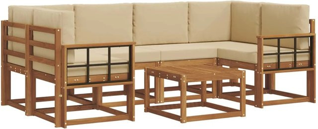 vidaXL Outdoor-Sofagarnitur 7-teilig aus Akazienholz in Natur und Beige mit L-Form und Kissen - Bild 1