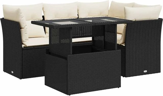 vidaXL 5-tlg Garten-Sofagarnitur in L-Form aus Poly-Rattan in Schwarz mit Kissen und Stauraum - Bild 1