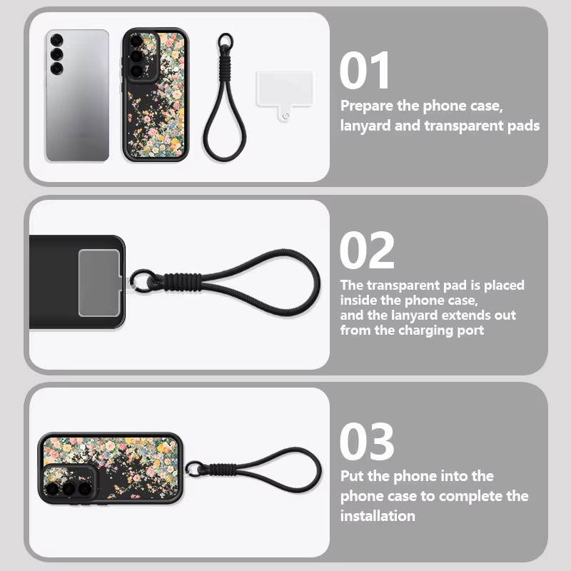Samsung Handyhülle aus weichem Silikon mit Blumenmuster und Schlüsselband in Schwarz und Multicolour für Galaxy S25 S24 S23 S22 Ultra Plus und Edge Modelle - Bild 3