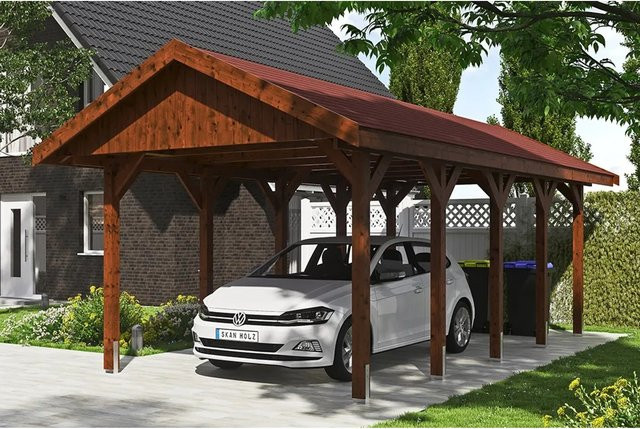 SKANHOLZ Carport Wallgau in Nussbaum mit roten Schindeln, B/T: 380 x 750 cm, Firsthöhe: 313 cm, braun lasiert - Bild 1