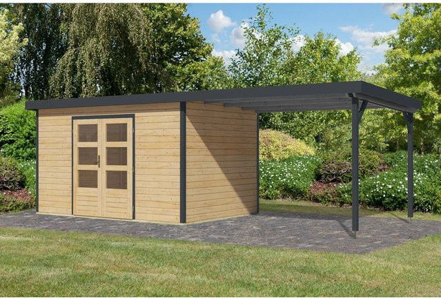 Karibu Gartenhaus Domingo mit Anbaudach in Natur/Anthrazit, B/T/H: 219 x 360 x 240 cm - Bild 1