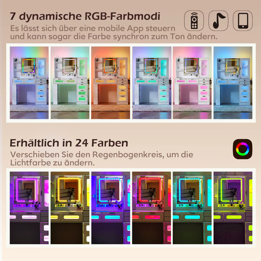 Lemroe RGB Schminktisch in Weiß mit LED-Spiegel, 7 Schubladen, Haartrockner-Halterung und kabelloser Ladefunktion - Bild 3