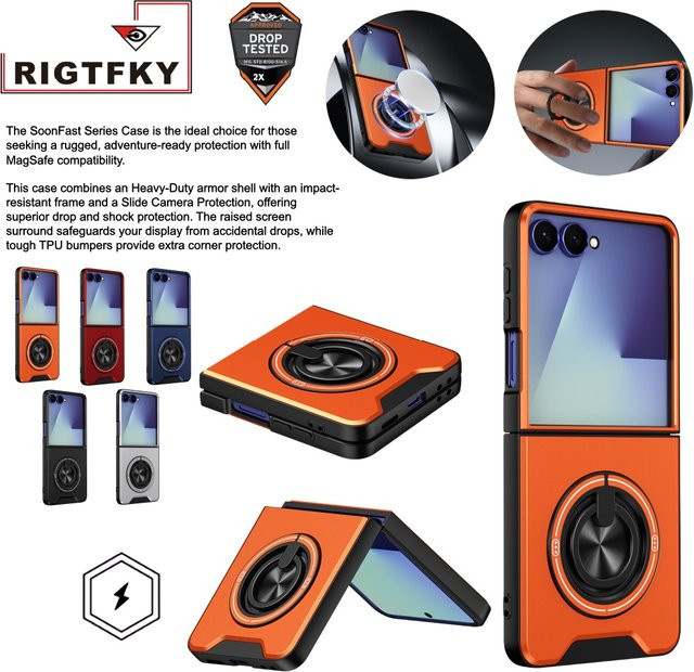 Stoßfeste Panzer-Handyhülle für Samsung Galaxy Z Flip mit Kameraschutz, Ständer und Magnetverschluss in Blau oder Orange - Bild 1