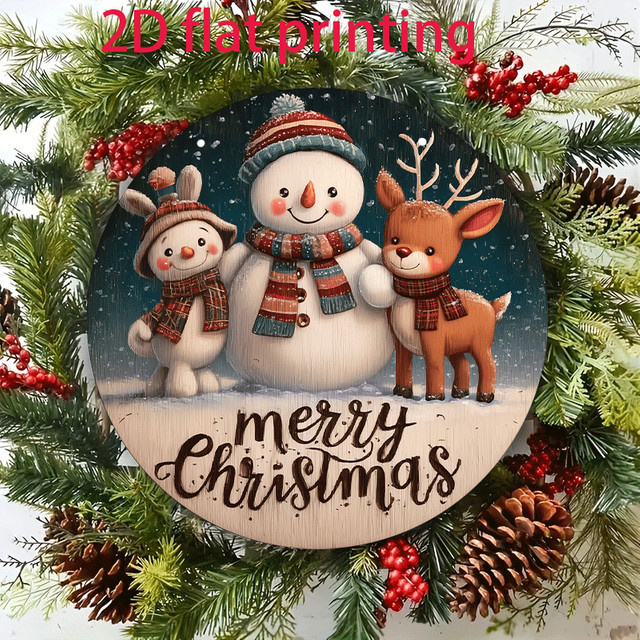 Runde Holz Wanddekoration für Weihnachten mit Schneemann und Rentier Design, Mehrfarbig, Durchmesser: 20,32 cm - Bild 1