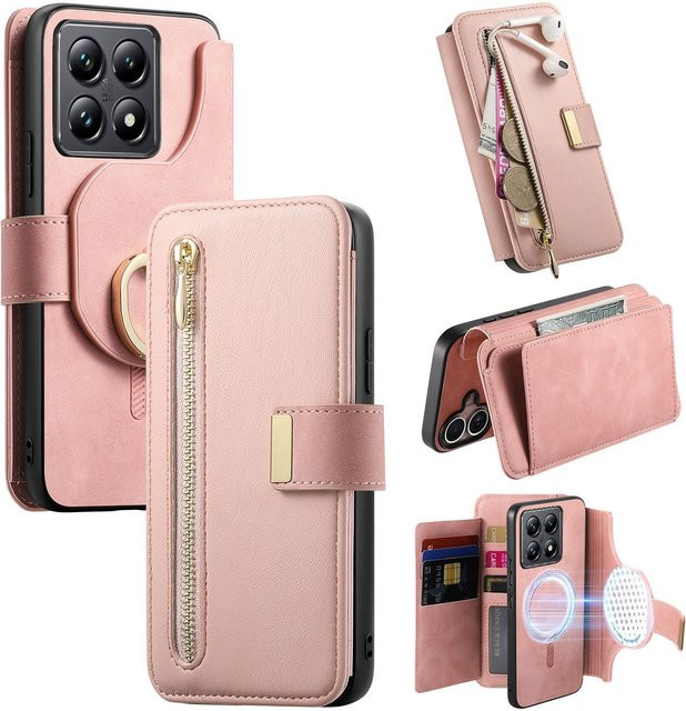 HQBBRO 2-in-1 Magnetische Lederhülle mit abnehmbarem Reißverschluss-Kartenfach für Xiaomi Redmi Note 13 Pro Plus, 12, 13C und 14T Pro in Rosa - Bild 1