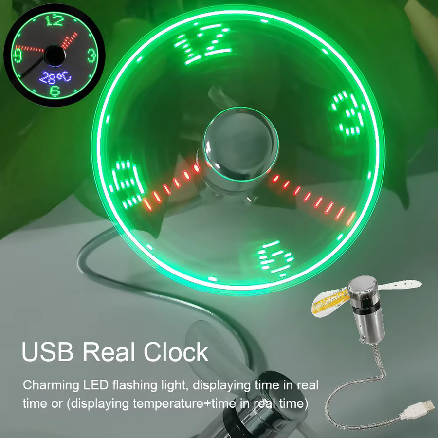 ATUOTIN Mini-Metall-Ventilator mit LED-Uhr und flexiblem Schwanenhals, USB-Gadget, Silber - Bild 3