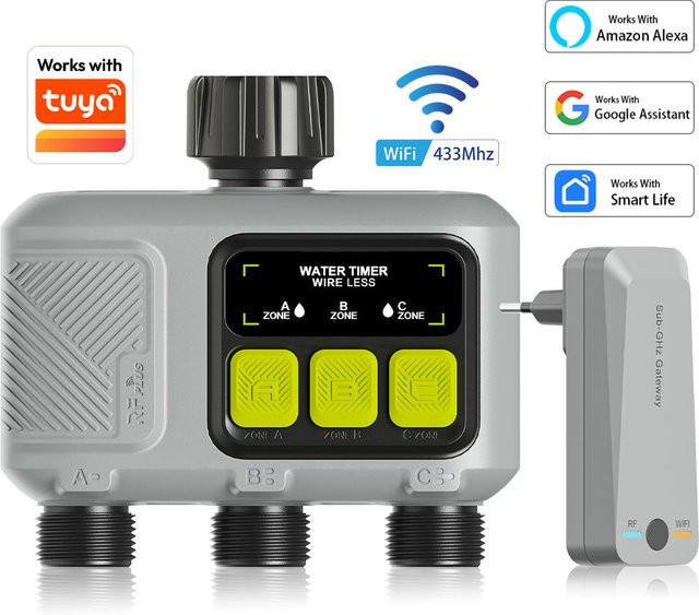 JIHUAN Smart Bewässerungssystem mit 3 Zonen, Tuya WiFi und RF433, Automatischer Garten-Wassertimer in Grau - Bild 1