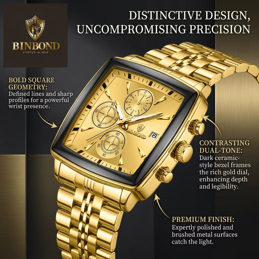 BINBOND Chronograph Armbanduhr, Edelstahl, Gold, Eckig, Quarz, Herren - Bild 2