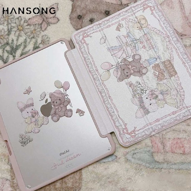 Hansong 3-fach faltbare iPad-Hülle mit Bär- und Kaninchen-Design inklusive Stifthalter für iPad Pro, Air und Mini - Bild 1