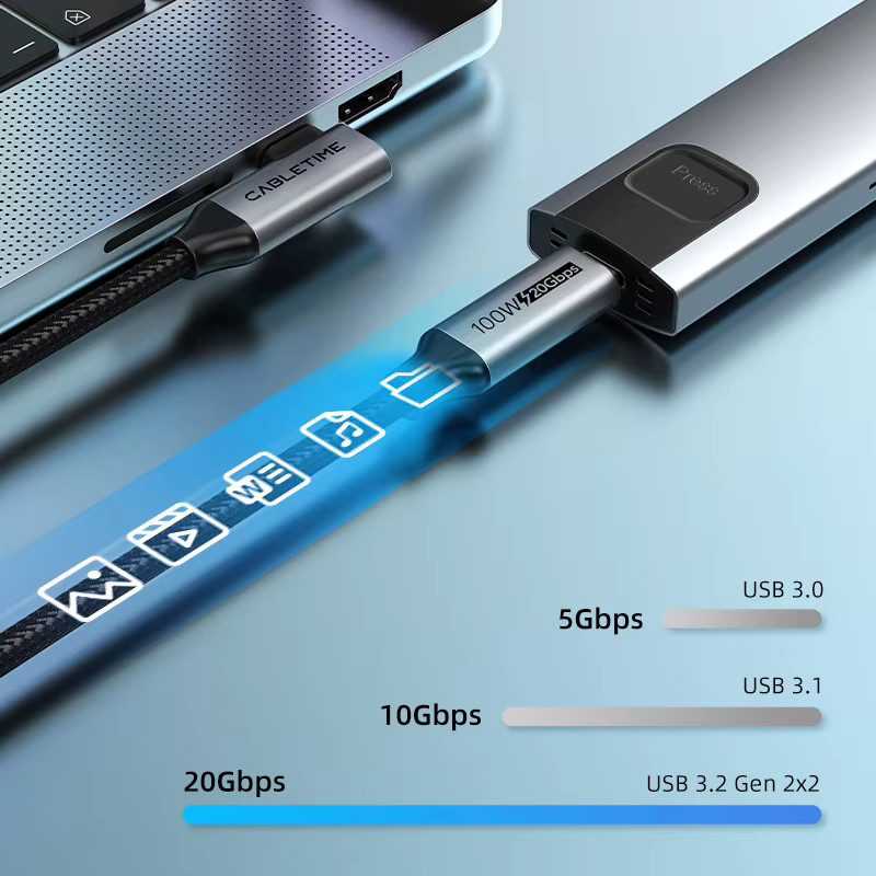 CABLETIME PD100W USB-C-Kabel in Schwarz mit 20Gbps USB 3.2 Gen 2 für schnelles Laden und Video-Unterstützung - Bild 5