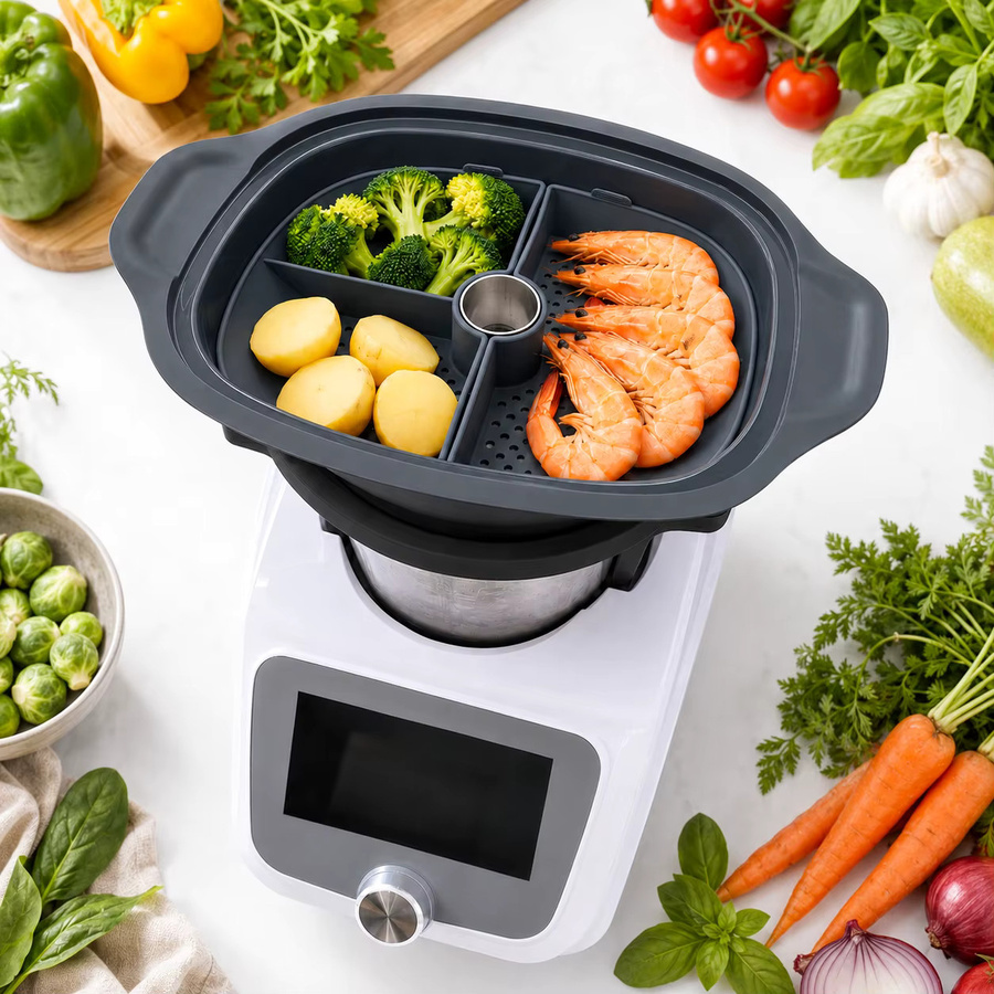 Geteilte Silikon-Dämpfschale für Monsieur Cuisine Connect Smart Trend, 2-teiliger Dämpfeinsatz mit Edelstahlring, Grau - Bild 4