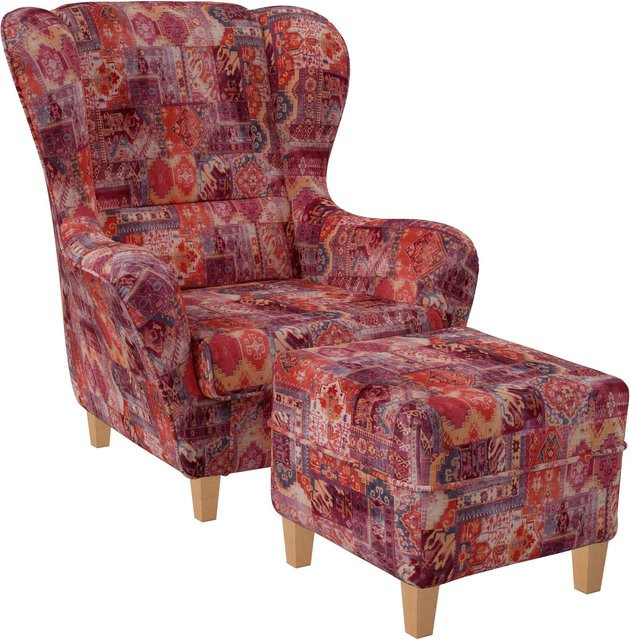 Supellex Sofia Ohrensessel mit Hocker in Patchwork-Optik aus Samt-Velours, Orient Rot/Multicolor - Bild 1