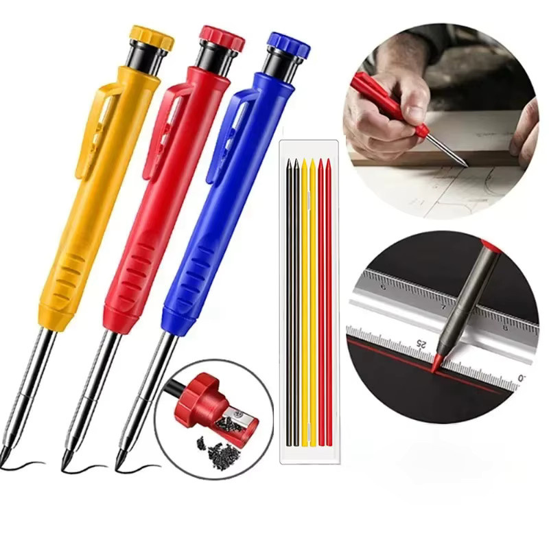 MROOFUL Metall-Schreinerstift-Set in Gelb mit Ersatzminen und integriertem Anspitzer für professionelle Holzbearbeitung - Bild 5