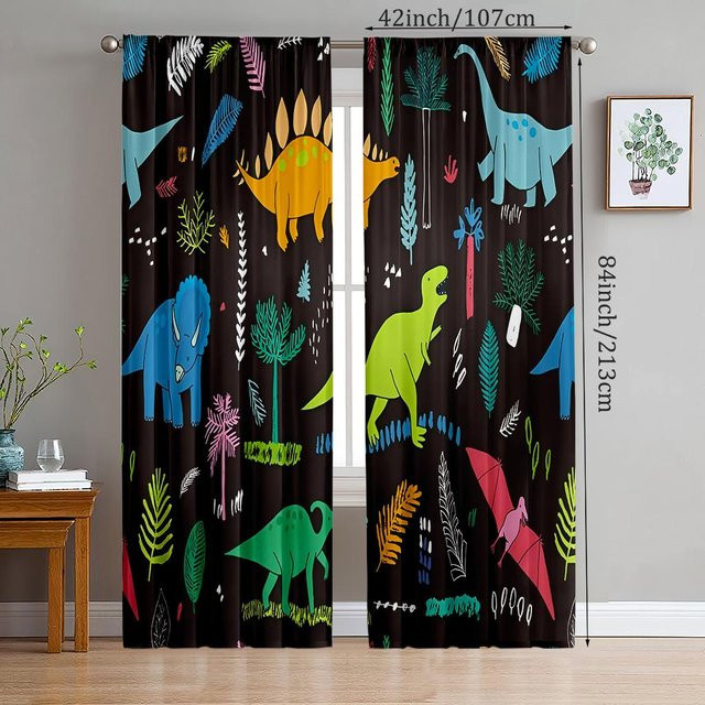 2er-Set Yiran Furniture Vorhänge mit Anime Dinosaurier Motiv aus Polyester, halbtransparent, Mehrfarbig, B: 35 cm, H: 100 cm - Bild 1