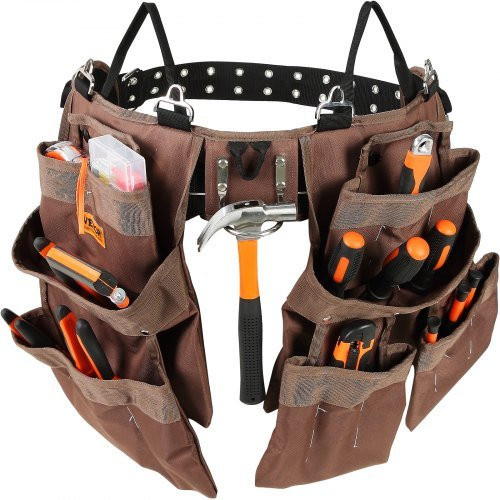 VEVOR Werkzeuggürtel mit 19 Taschen aus robustem Polyester, verstellbar von 81,2 bis 137,2 cm, abnehmbare Werkzeugtasche für Elektriker, Schreiner und Handwerker, Braun - Bild 1