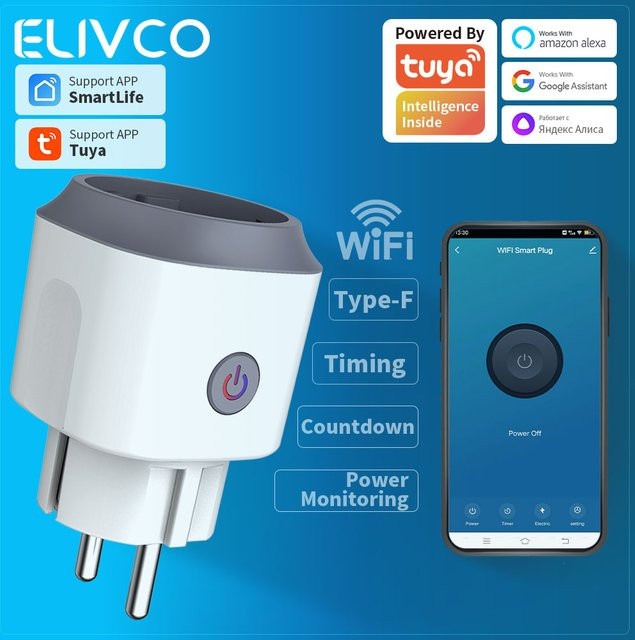 Elivco Tuya Smart Plug WLAN-Steckdose in Weiß mit Zeitsteuerung, Countdown und Energieüberwachung, kompatibel mit Google Assistant, Alexa, Alice und Salute - Bild 1
