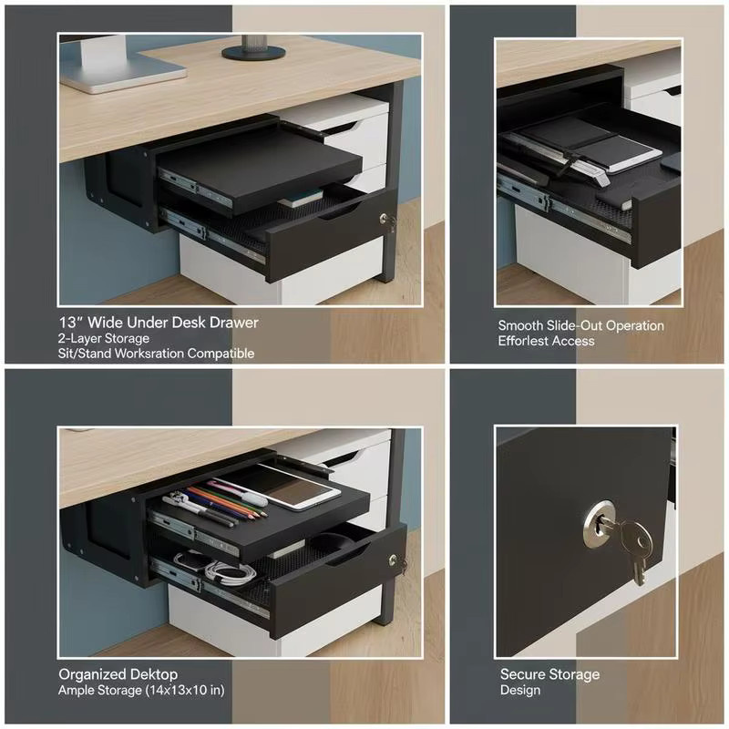 Abschließbare Untertischschublade in Schwarz als 2-stufiger Aufbewahrungsorganizer für deinen Schreibtisch, B/T/H: 36,5 x 33,5 x 25 cm - Bild 4