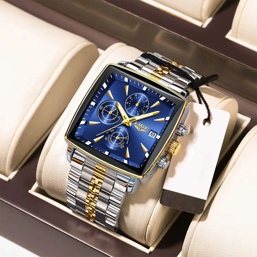 LIGE Armbanduhr Chronograph, Quarz, Edelstahl, Blau, Herren, Eckig - Bild 2