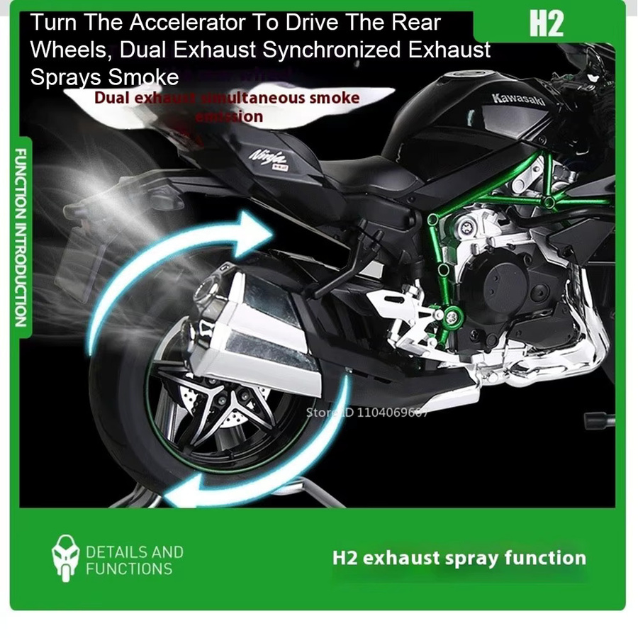 MAKEDA Kawasaki H2R Motorrad Modell, Maßstab 1:9, Metall, Diecast - Bild 3