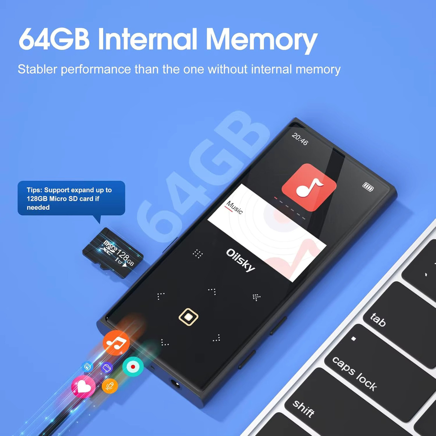 Oilsky MP3-Player mit 64 GB Speicher, Bluetooth 5.0, UKW-Radio, integriertem Lautsprecher und Diktierfunktion in Schwarz, erweiterbar bis 128 GB - Bild 2