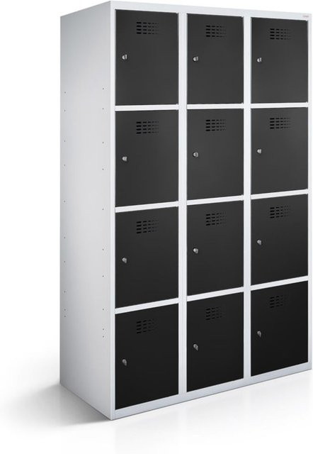 rotstahl Fächerschrank mit 12 Fächern (3x4), Korpus lichtgrau und schwarze Türen, B/T/H: 120 x 50 x 180 cm - Bild 1