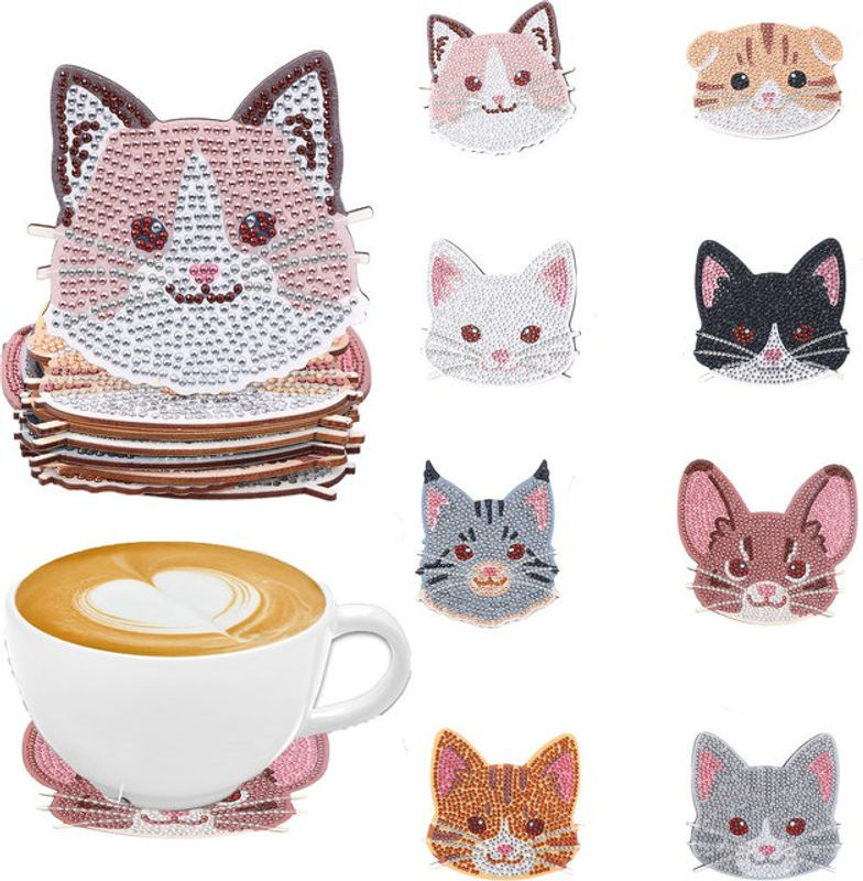 8-teiliges DIY-Diamant-Malerei-Kunstset mit Katzenmuster und Untersetzern in Mehrfarbig - Bild 1