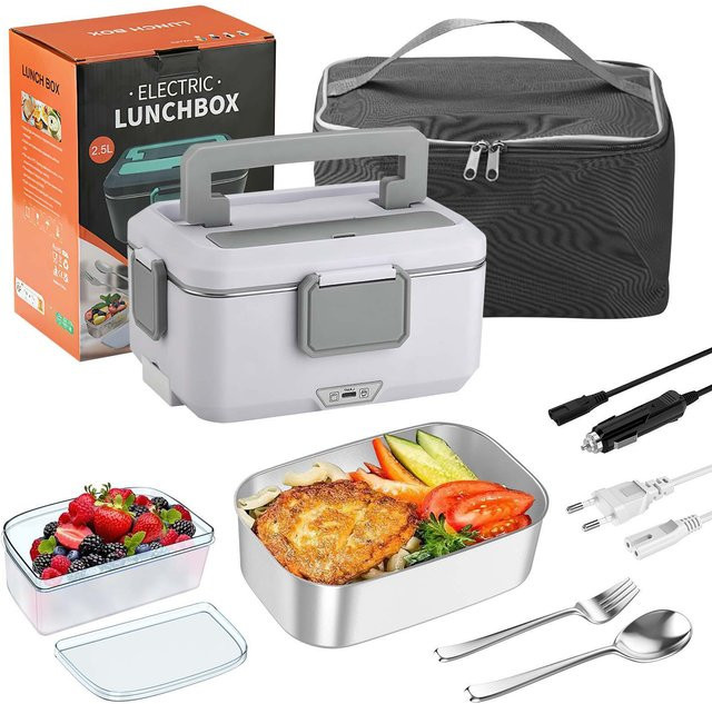 Tragbare elektrische Lunchbox aus Edelstahl mit 90 W Heizleistung und abnehmbarer Wärmeschale, 2,5 l, Silber - Bild 1