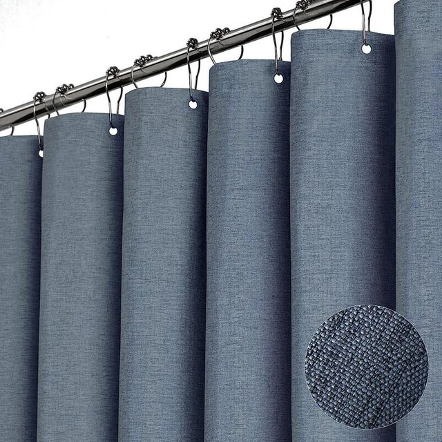 Wasserfichter Duschvorhang aus Leinen von WHQ Home Decoration in Navy Blau mit silbernen Metallhaken, B: 280 cm, H: 200 cm - Bild 1