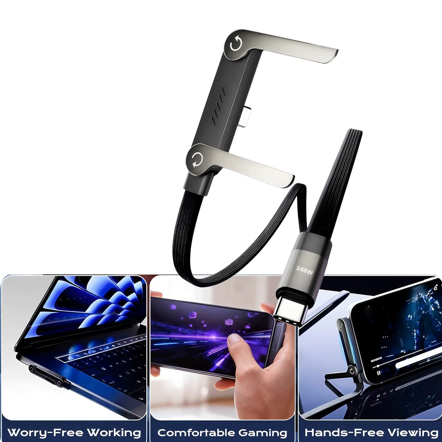 Opansten USB-C-Kabel in Schwarz mit 240 W PD-Schnellladefunktion und integriertem faltbarem Telefonhalter für iPhone 15–17, Samsung und Xiaomi - Bild 2