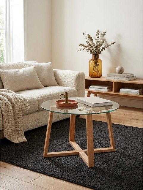 Runder Couchtisch von KADIMA DESIGN aus Eiche und Glas in modernem Design, Farbe: Braun/Transparent, B/T/H: 58 x 58 x 47 cm - Bild 1