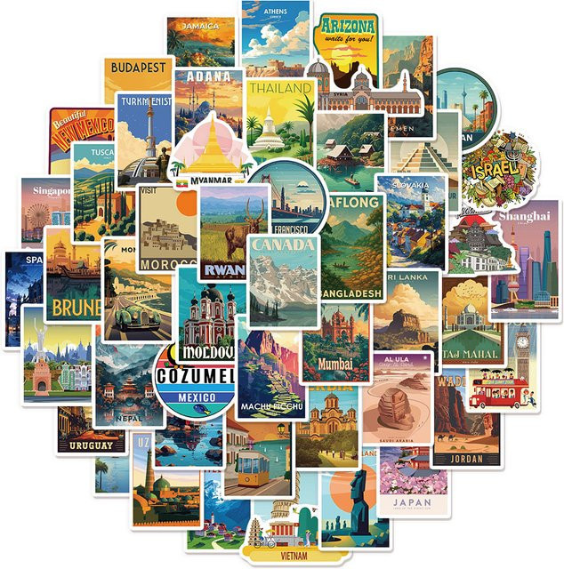 50 Stück PickJoy National Landmark Graffiti-Aufkleber, wasserfeste DIY-Etiketten in Multicolour für Gepäck, Notebook und Skateboard - Bild 1