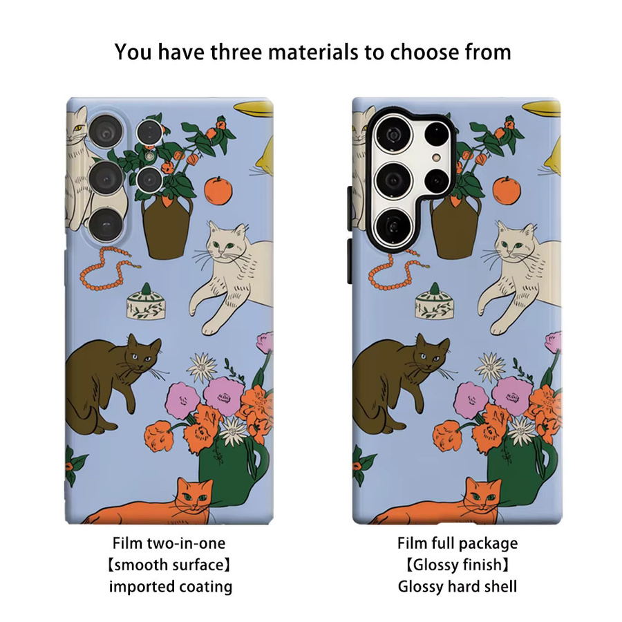 Stoßfeste Doppelschicht Handyhülle mit Vintage Katzen- und Blumen-Stilleben für Samsung Galaxy S25 Ultra, S24 und S23 Ultra Plus in Multicolour - Bild 2