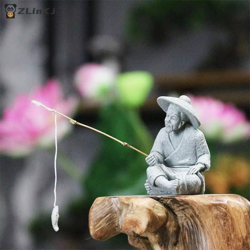 JETTING Mini-Fischer-Statue aus Sandstein in Grau als asiatische Zen-Dekoration für Aquarium und Garten - Bild 5