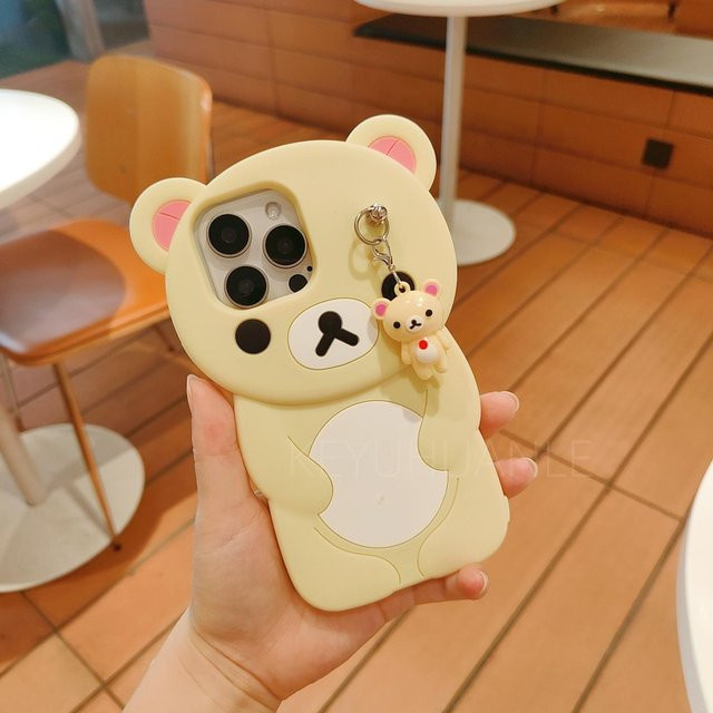 Kawaii Rilakkuma Silikon Handyhülle mit Schlüsselanhänger für Apple iPhone, Gelb - Bild 1