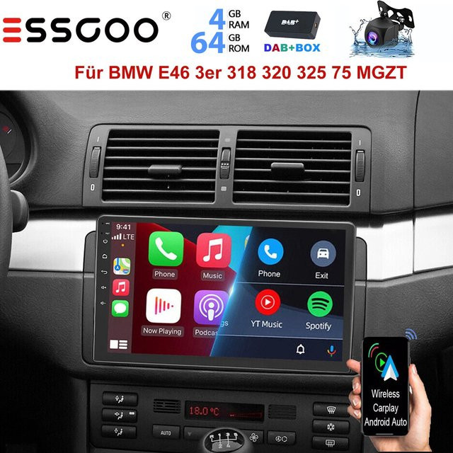 ESSGOO Kabelloses Android 15 Autoradio mit CarPlay und Android Auto für BMW E46 M3 1998-2006, 4+64GB, DAB+, GPS, WiFi, Bluetooth, Schwarz - Bild 1