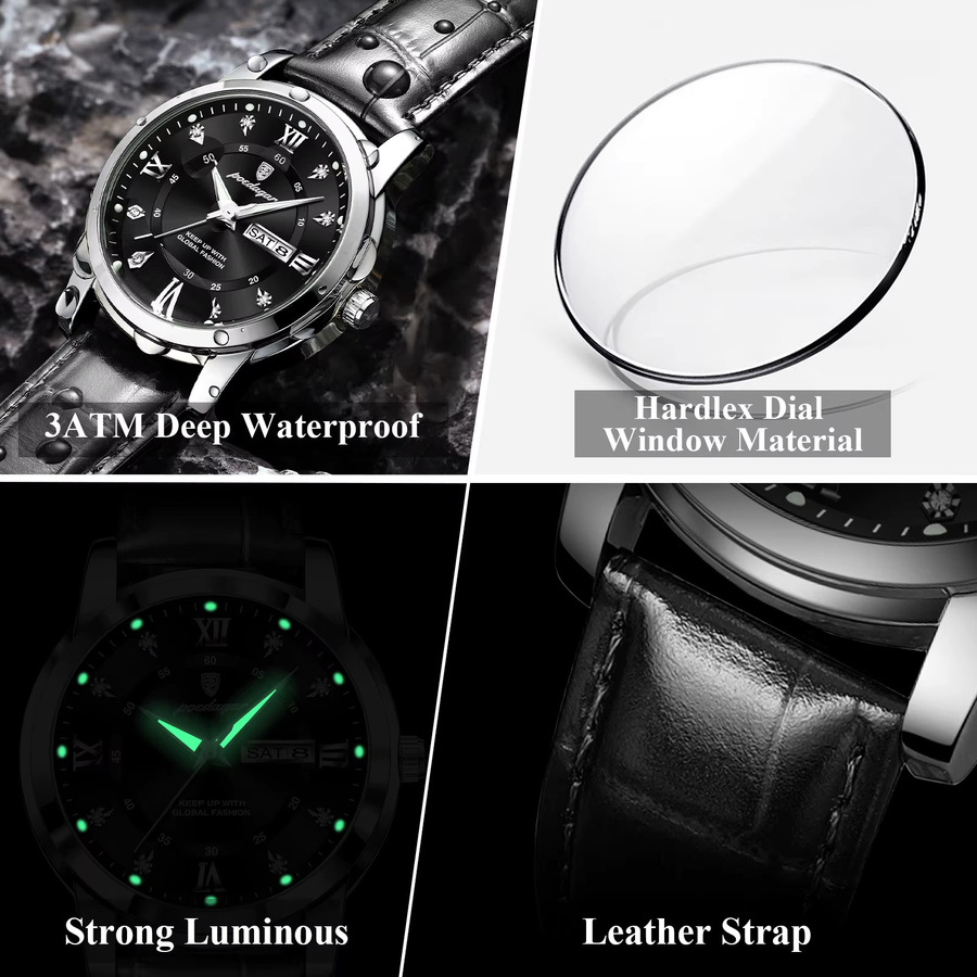 POEDAGAR Armbanduhr Quarz, Leder, Schwarz, Silber, Herren, Datum, Wochentag - Bild 4