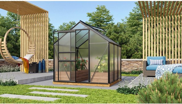 Vitavia Gewächshaus Venus 3800 mit Fundament und Regenrinnen in Schwarz mit Aluminiumrahmen und Polycarbonat-Verglasung sowie Satteldach (3,8 m²) - Bild 1