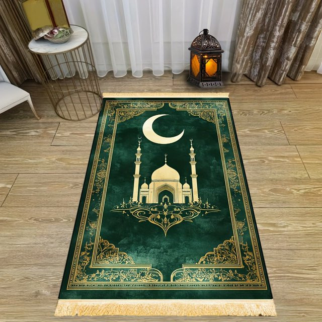 VIKAMA Luxus-Gebetsteppich in Grün mit Quasten, maschinenwaschbarer orientalischer Teppich für Innen- und Außenbereich - Bild 1