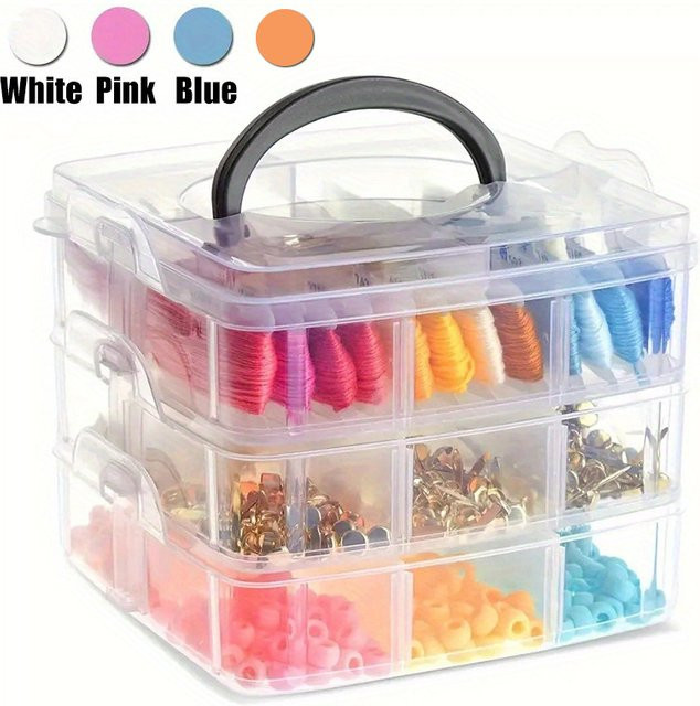 Transparente 18-Gitter-Aufbewahrungsbox aus Kunststoff mit Griff für Schmuck und Perlen, B/T/H: 15,5 x 12,5 x 12,5 cm - Bild 1