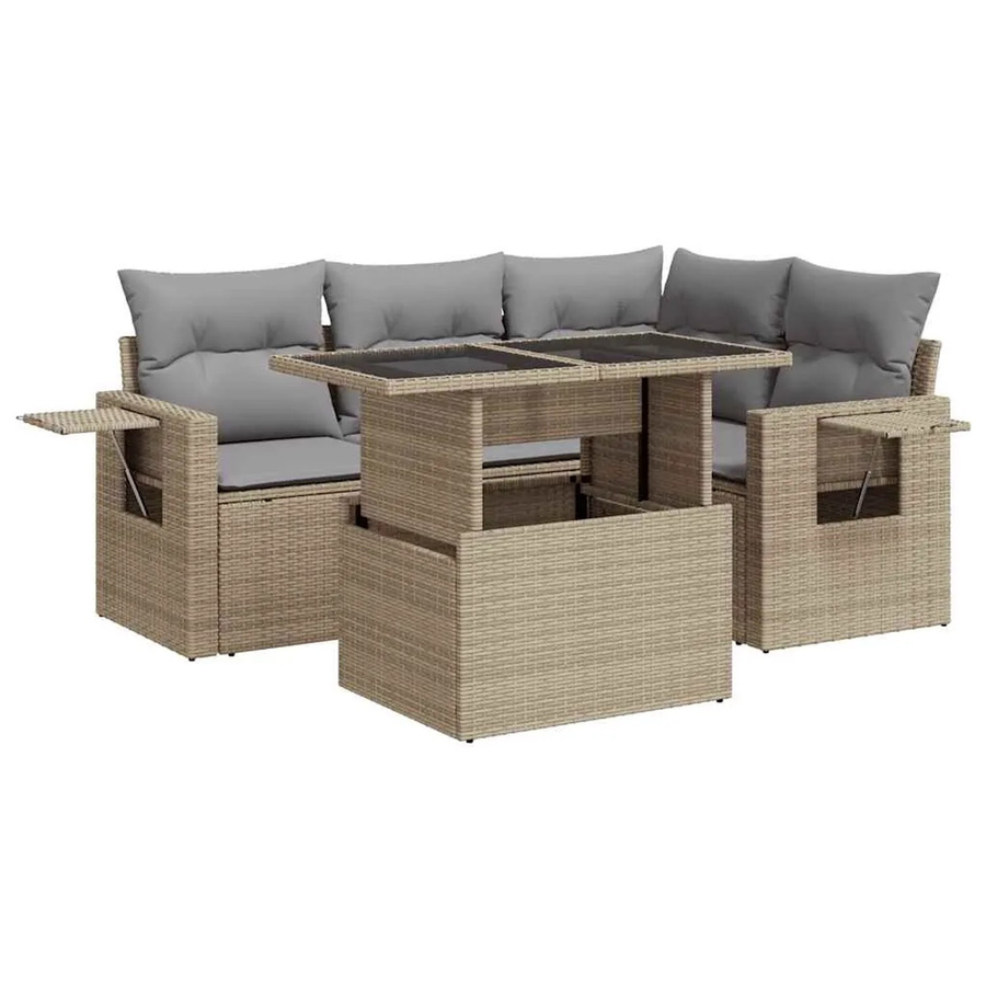 vidaXL 5-teilige Garten-Sofagarnitur in L-Form aus Poly-Rattan in Beige-Grau mit UV-beständigen Kissen und pulverbeschichtetem Stahlgestell - Bild 2