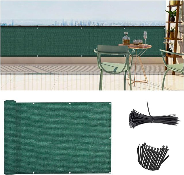 Dunkelgrüner Balkon Sichtschutz aus HDPE-Stoff mit Ösen und UV-Schutz, B: 91,44 cm, H: 304,8 cm - Bild 1