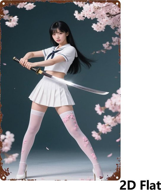 Vintage-Metallschild CIFBUY mit Sakura-Mädchen und Katana-Motiv, rechteckige Wandkunst in Mehrfarben, Breite: 20,3 cm, Höhe: 30,5 cm - Bild 1