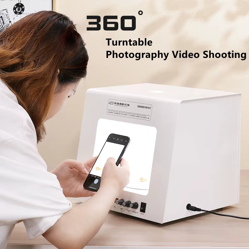 SANOTO Mini Foto Studio Fotografie Licht Box mit Softbox und dimmbarer rotierender Platte in Weiß für Schmuckfotografie und Video 3D Scannen - Bild 2