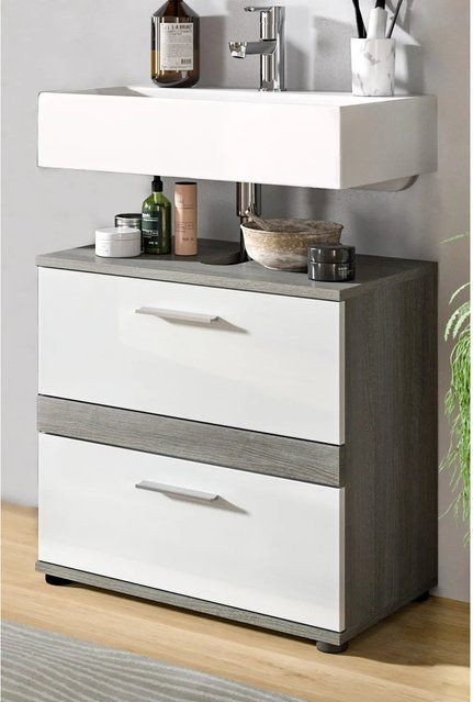 Inn.Furn Waschbeckenunterschrank Bailey in Weiß und Grau Hochglanz mit Türen und Schubladen, B: 60 cm, H: 57 cm, T: 34 cm - Bild 1